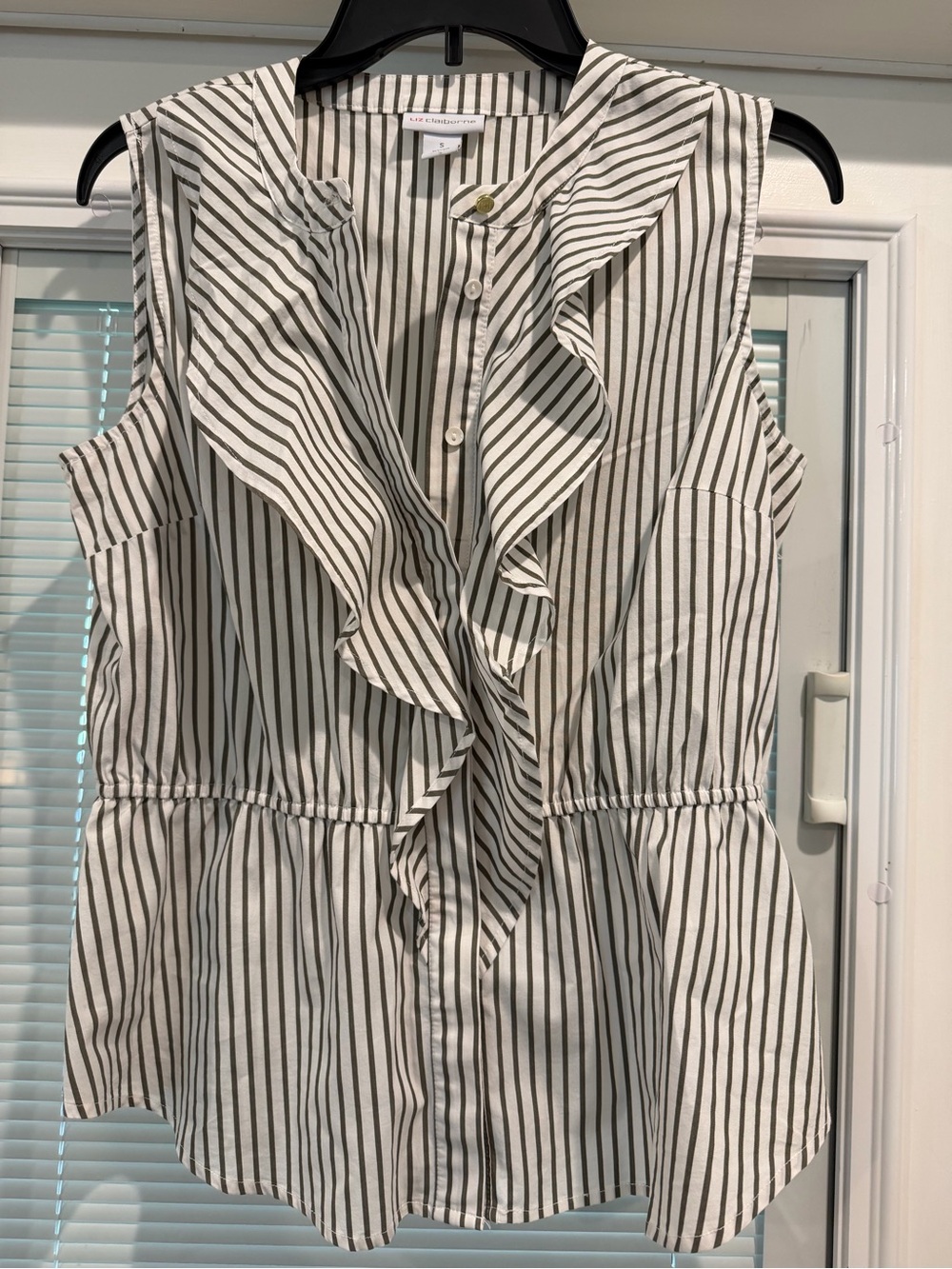 Liz Claiborne White and Dark Grey Vertical Stripe Ruffle Sleeveless Blouse